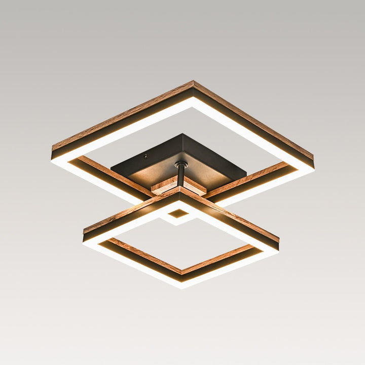 Luz de techo LED cuadrada. Acabado madera nogal, estilo granja chic para interiores.