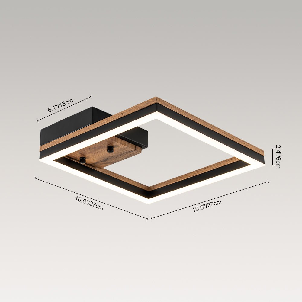 Plafón LED cuadrado, estilo granja moderno. Detalle de grano de madera nogal, ideal para diseño interior.