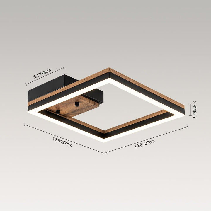 Plafón LED cuadrado, estilo granja moderno. Detalle de grano de madera nogal, ideal para diseño interior.