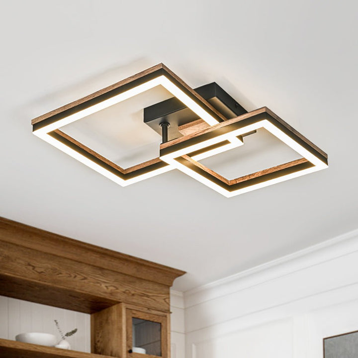 Lámpara LED de techo semi-empotrada cuadrada. Acabado nogal con grano de madera rústico.