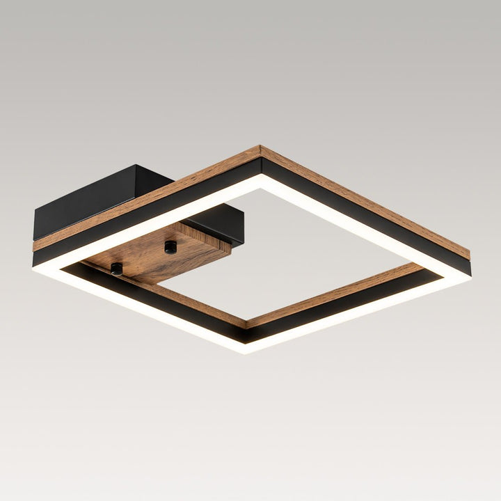 Luz de techo LED cuadrada, apariencia nogal. Diseño semi-flush mount, ideal para decoración rústica.