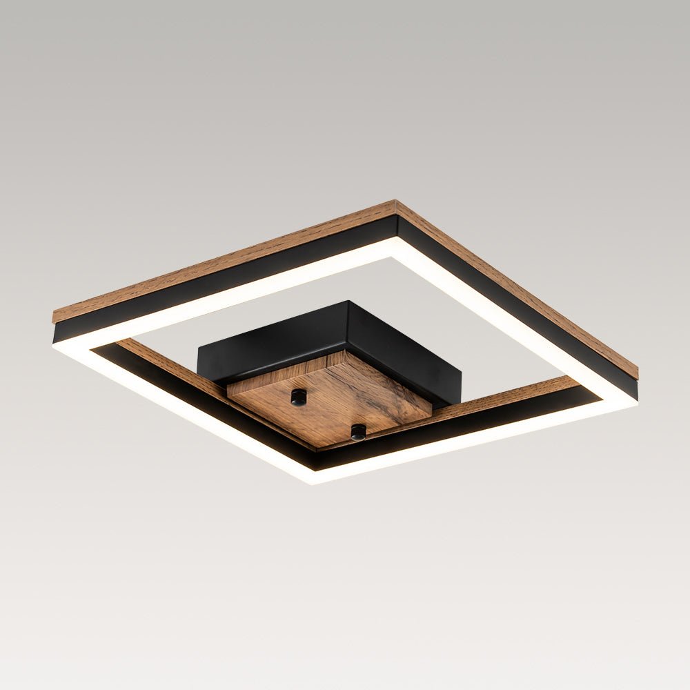 Lámpara de techo LED cuadrada con veta de madera nogal. Estilo granja, bajo consumo y duradera.
