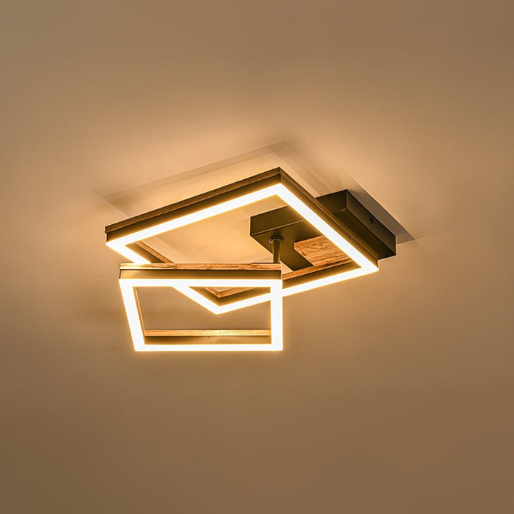 Luz de techo LED cuadrada moderna con textura de grano de madera nogal. Perfecta para ambientes cálidos.