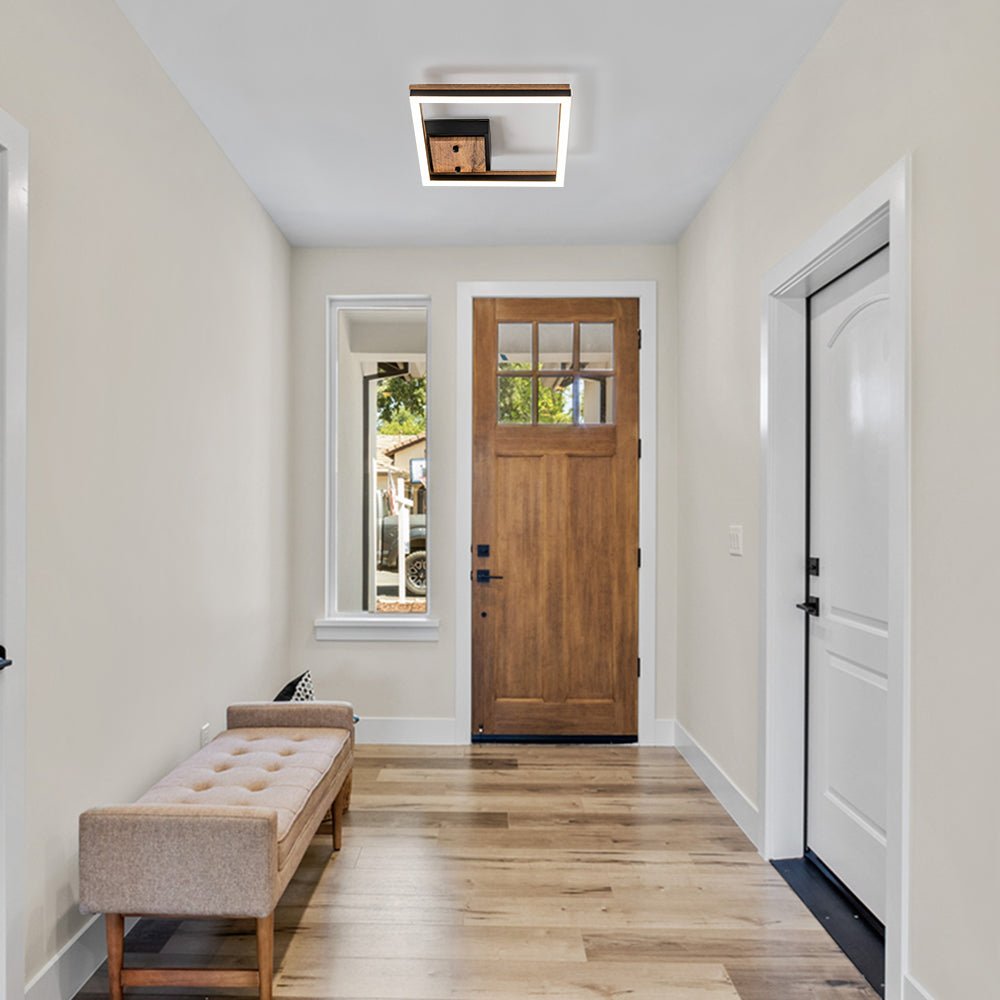 Plafón LED cuadrado estilo granja, efecto madera nogal. Ahorro energético para salón/dormitorio.