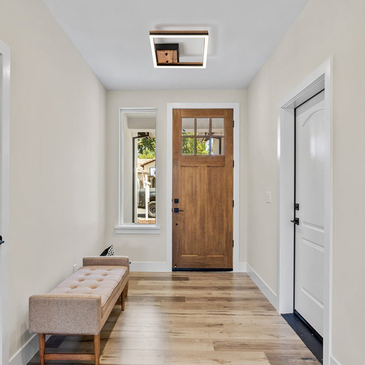 Plafón LED cuadrado estilo granja, efecto madera nogal. Ahorro energético para salón/dormitorio.