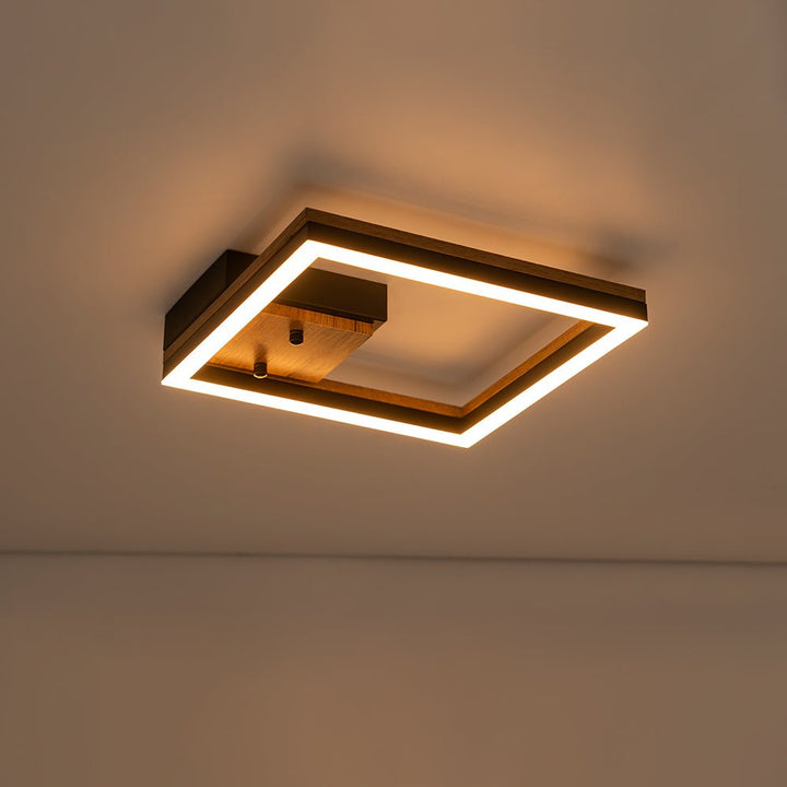 Lámpara de techo LED cuadrada semi-empotrada. Estilo granja, acabado madera nogal natural.