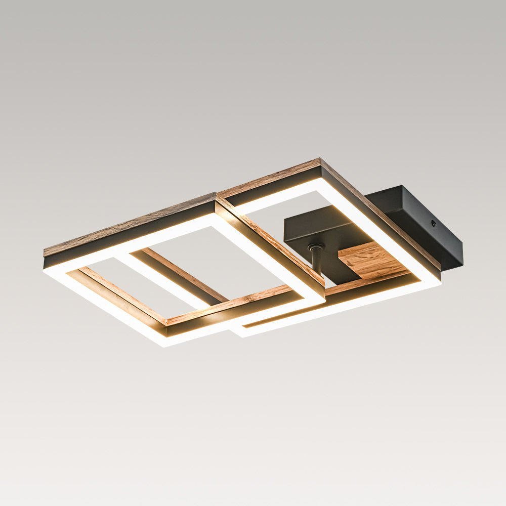 Iluminación de techo LED cuadrada con marco de madera nogal. Diseño limpio y eficiencia energética.