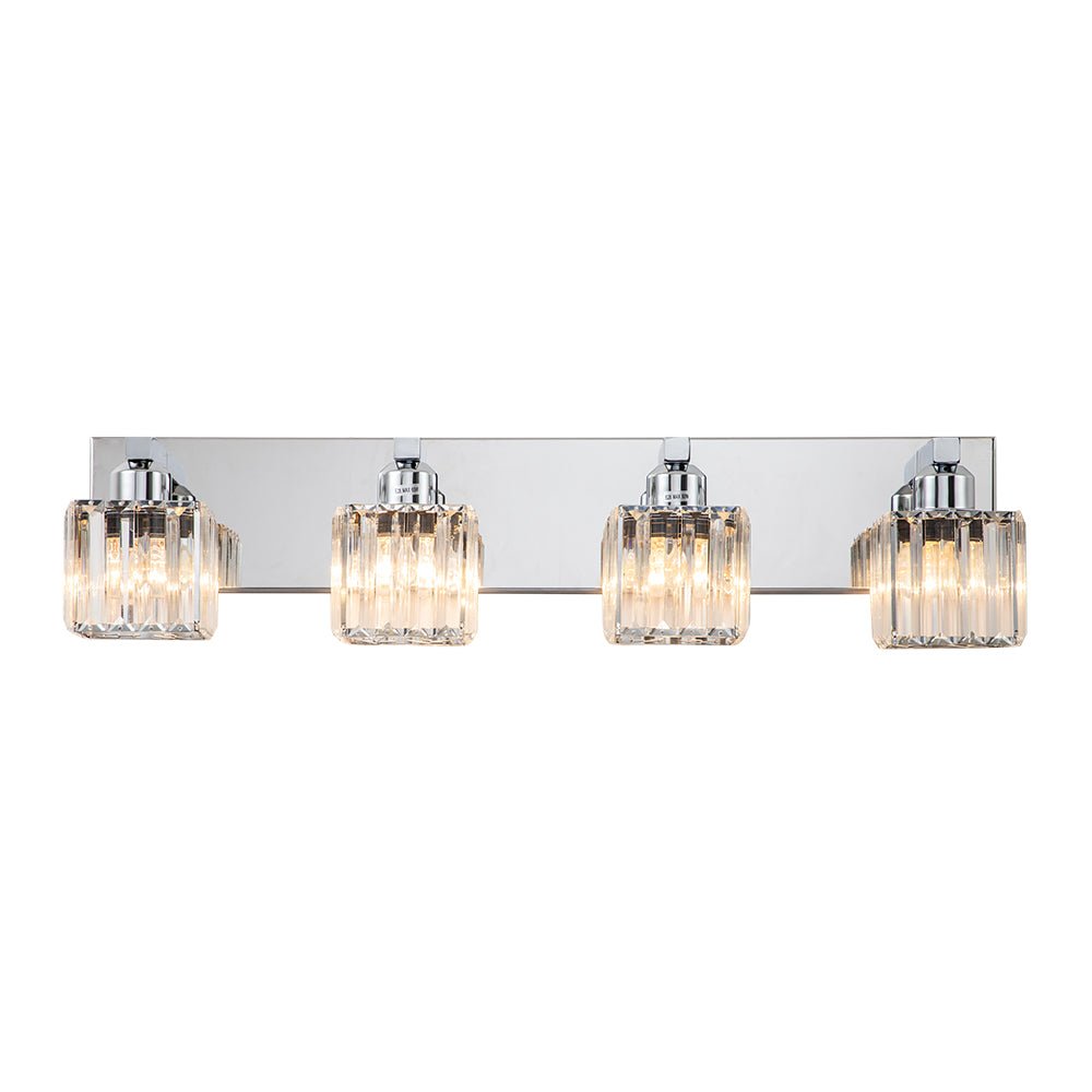 Diseño moderno de luz de tocador con pantalla de cristal cuadrado. Toque glamour para tu baño.