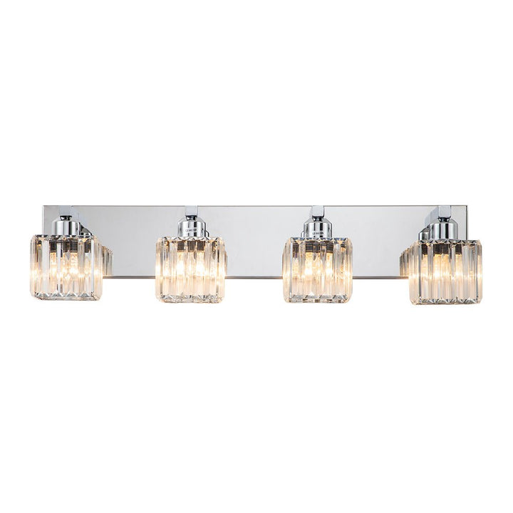 Diseño moderno de luz de tocador con pantalla de cristal cuadrado. Toque glamour para tu baño.