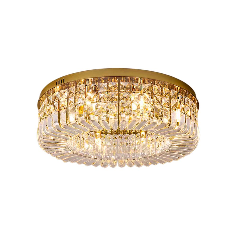 Iluminación de techo LED redonda con detalles de cristal. Lujo moderno para sala o dormitorio.