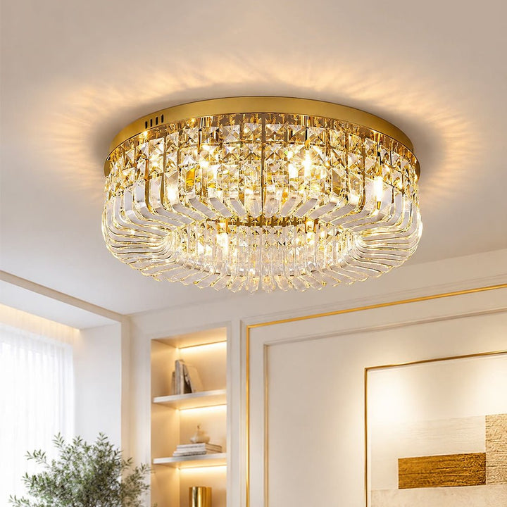 Lámpara de techo LED redonda de cristal de lujo. Diseño moderno y glamuroso para iluminación interior.