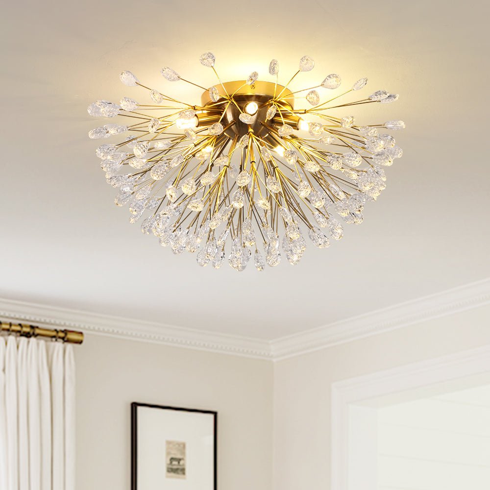 Luz de techo semi empotrada moderna con 5 luces de cristal en forma de flor para sala de estar.