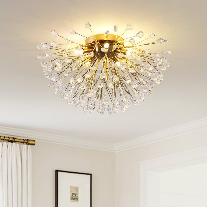 Luz de techo semi empotrada moderna con 5 luces de cristal en forma de flor para sala de estar.