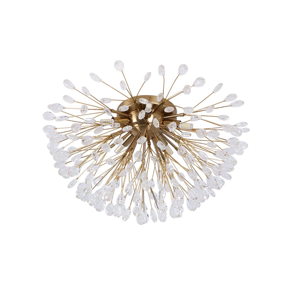 Decoración moderna de techo: lámpara semi empotrada con 5 luces de cristal en forma de flor, lujo y brillo.