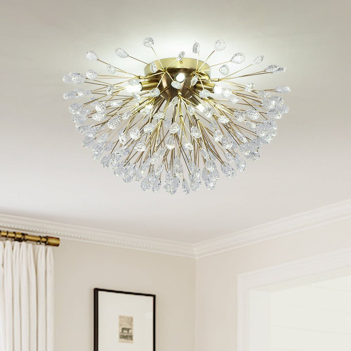 Exclusiva luz de techo semi empotrada de cristal floral, 5 bombillas, estilo moderno de lujo.