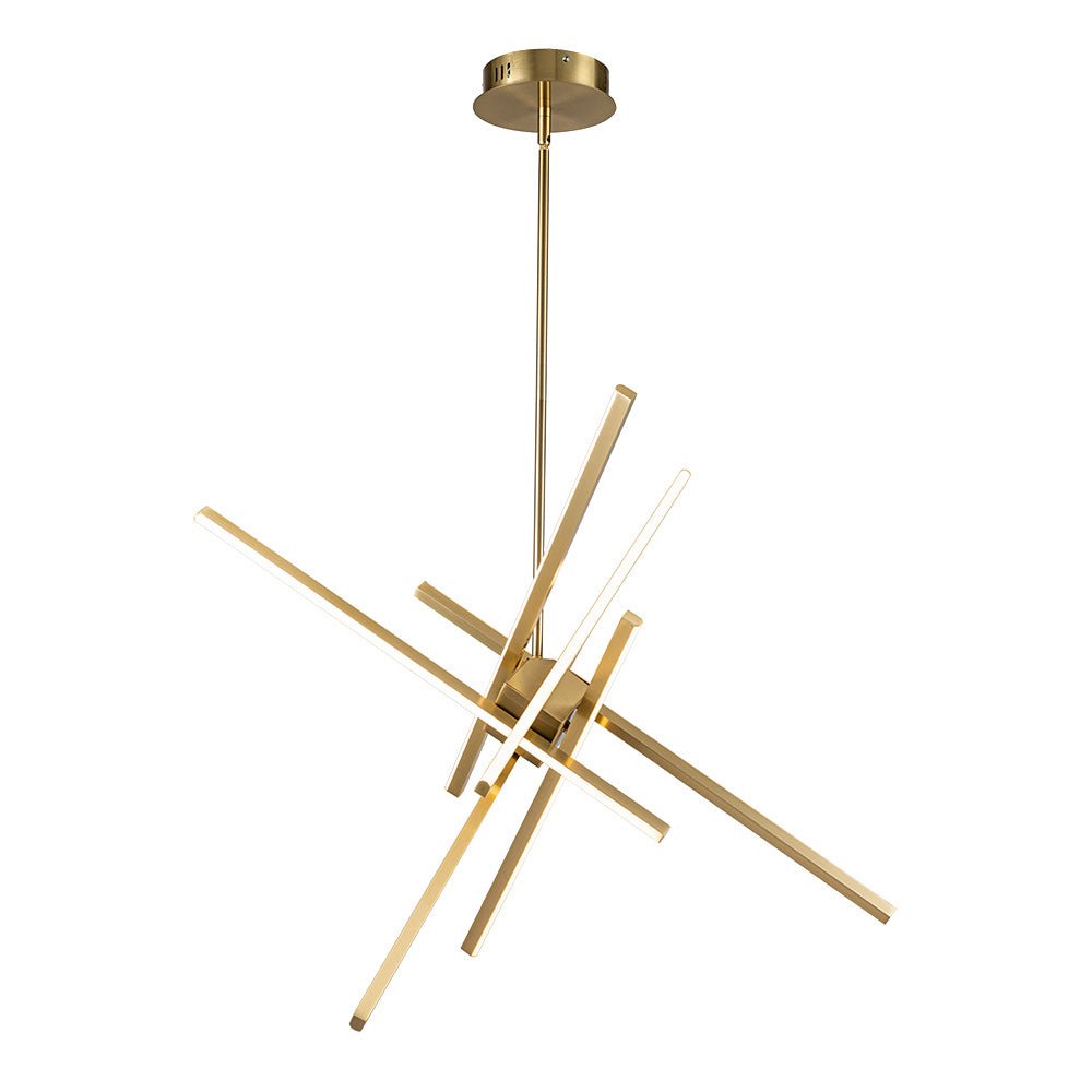 Detalle del candelabro LED Sputnik lineal moderno, 6 luces para decoración de techo.