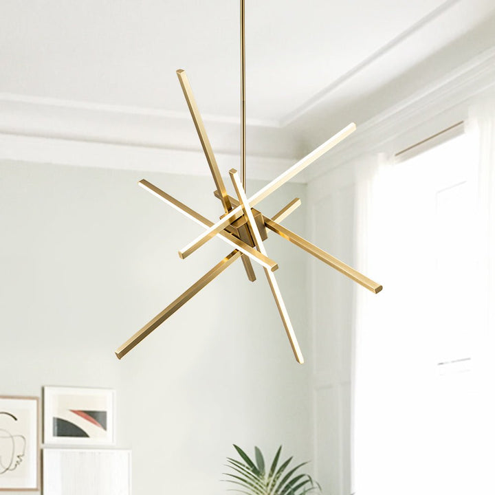 Candelabro LED Sputnik lineal moderno de 6 luces, ideal para sala o comedor.