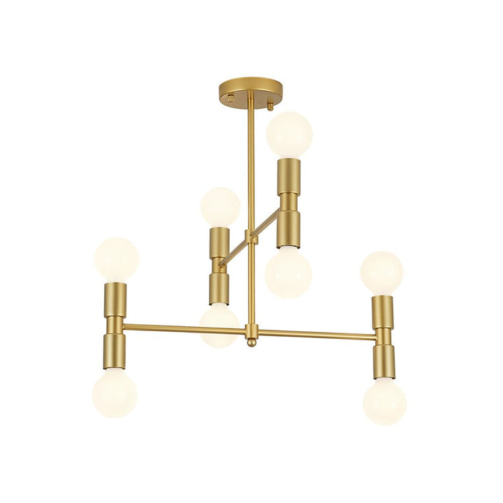 Detalle de lámpara de techo Sputnik dorada, 8 luces, diseño moderno semi empotrado.