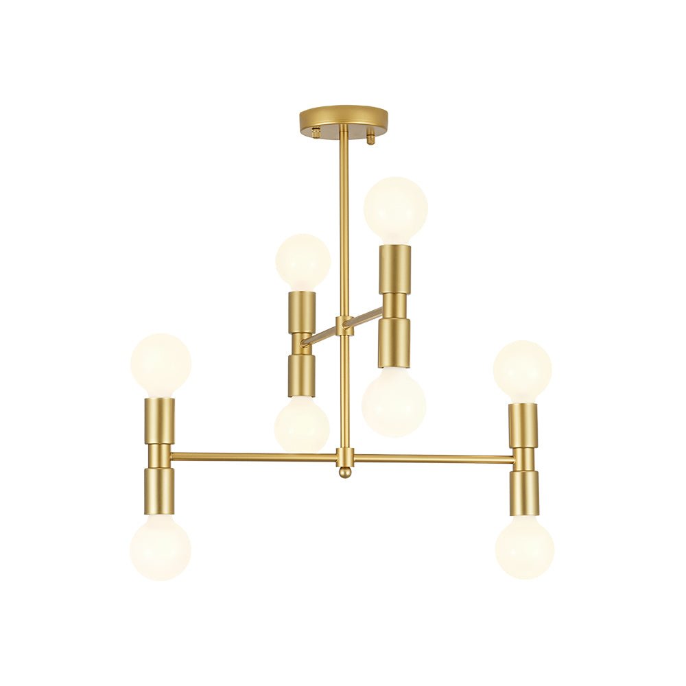 Ambiente con lámpara Sputnik dorada de 8 luces, semi empotrada, iluminación moderna salón.