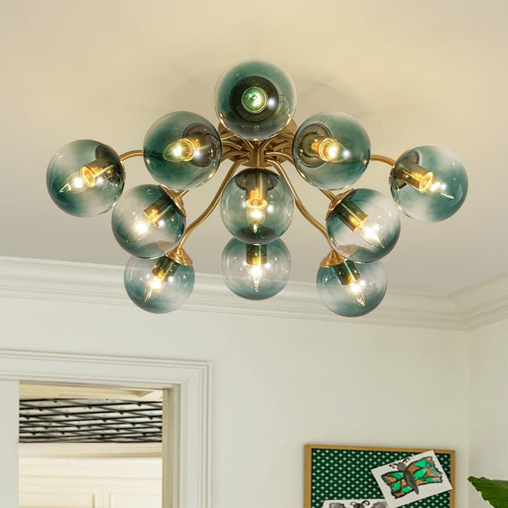 Luz de techo Sputnik moderna con 8 globos de vidrio degradado azul, ideal para diseño interior.