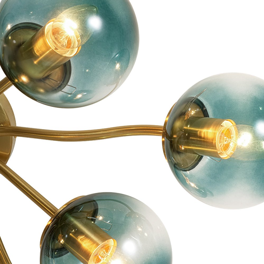 Luz de techo estilo mediados de siglo, Sputnik con esferas de vidrio azul, toque moderno.