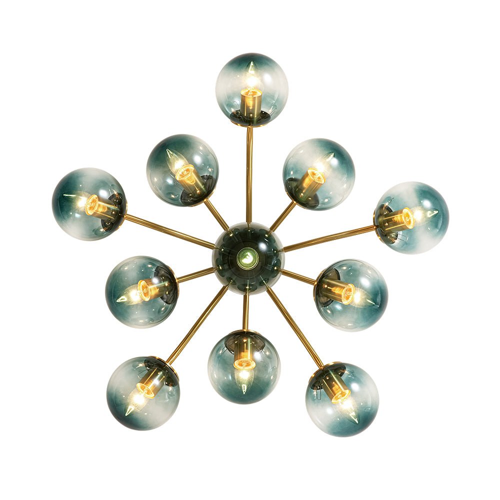 Plafón Sputnik de diseño, globos de vidrio azul degradado para una iluminación única.