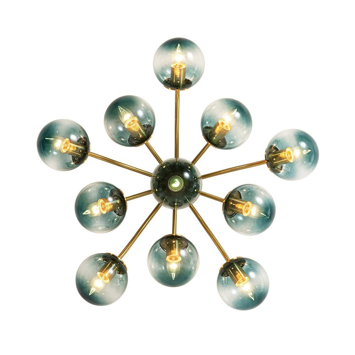 Plafón Sputnik de diseño, globos de vidrio azul degradado para una iluminación única.