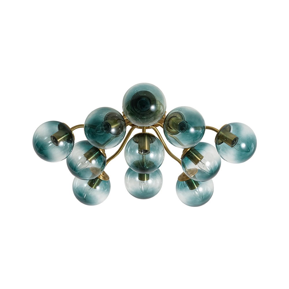 Iluminación decorativa: plafón Sputnik de latón con esferas de cristal azul moderno.