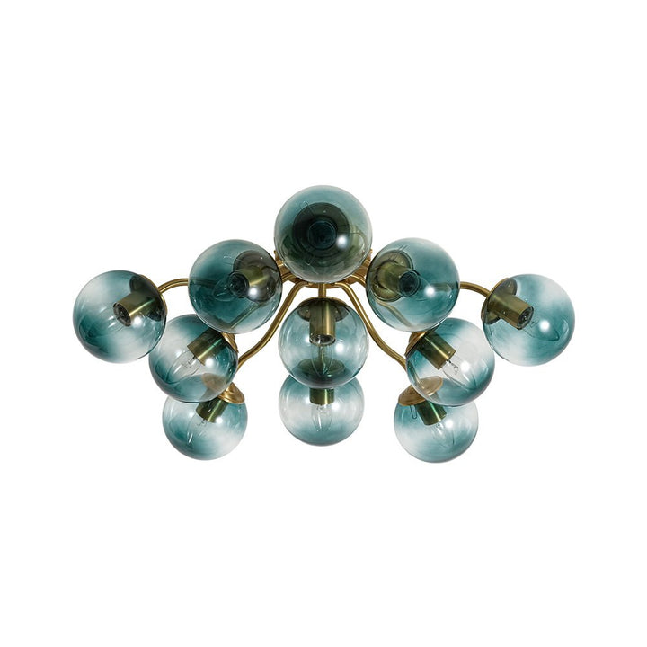 Iluminación decorativa: plafón Sputnik de latón con esferas de cristal azul moderno.