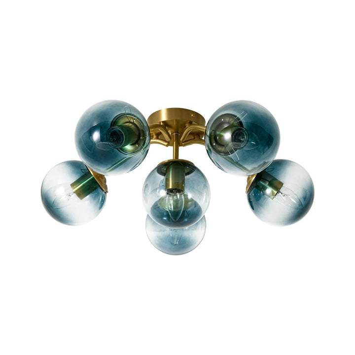 Luz de techo de latón y globos de vidrio azul degradado, estilo Sputnik moderno para comedor.
