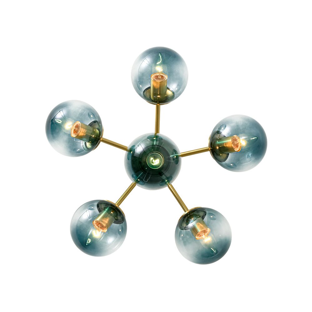 Lámpara de techo moderna semiempotrada, esferas de vidrio azul y latón, estilo Sputnik.