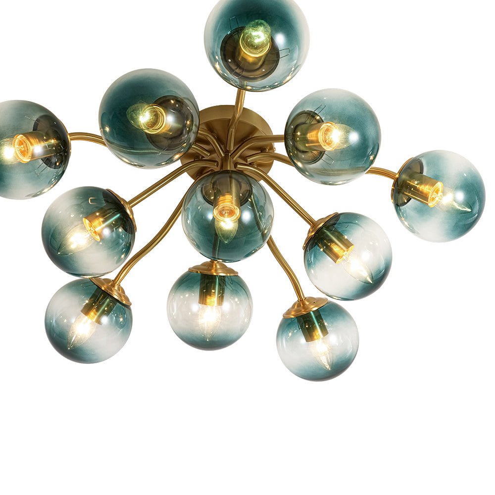 Iluminación Sputnik de techo, globos de vidrio azul degradado y estructura de latón.