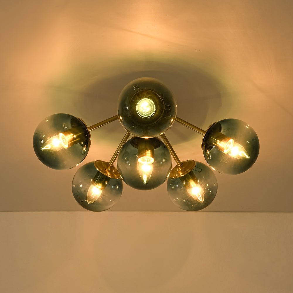 Lámpara moderna semiempotrada, diseño Sputnik, con 8 esferas de vidrio azul, decoración.