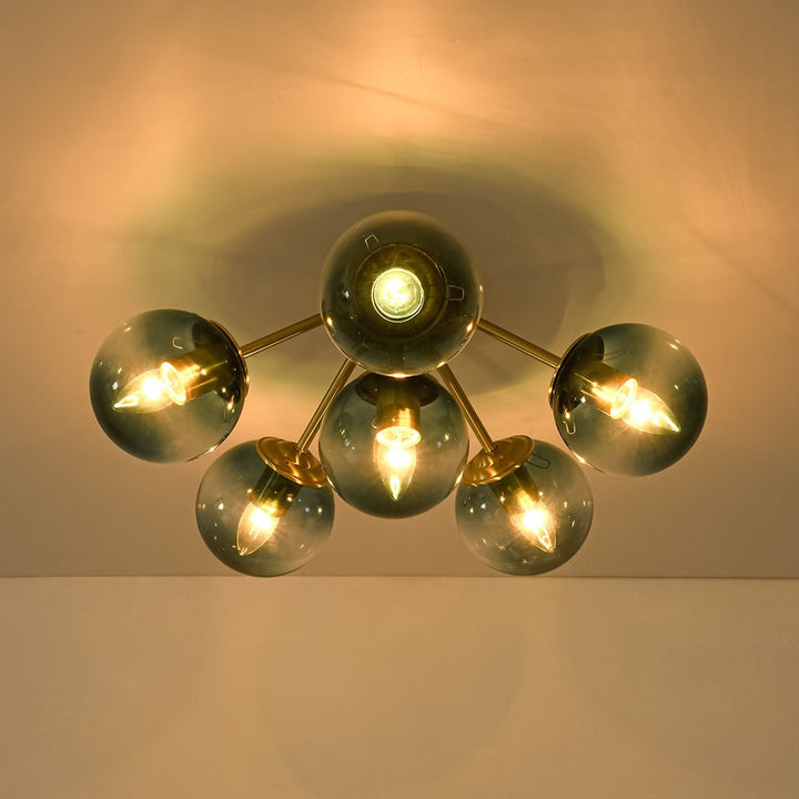 Lámpara moderna semiempotrada, diseño Sputnik, con 8 esferas de vidrio azul, decoración.