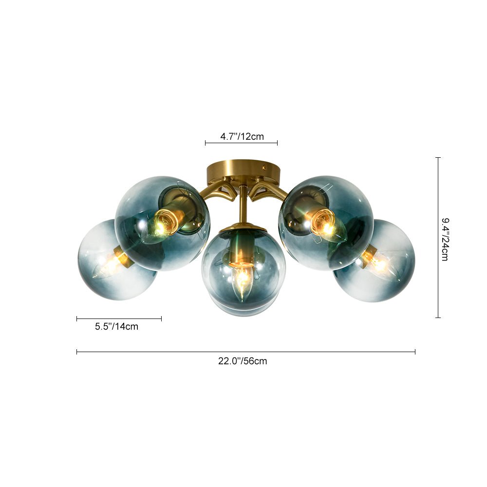 Luz de techo con 8 globos de vidrio azul, diseño moderno Sputnik, ideal para cualquier espacio.