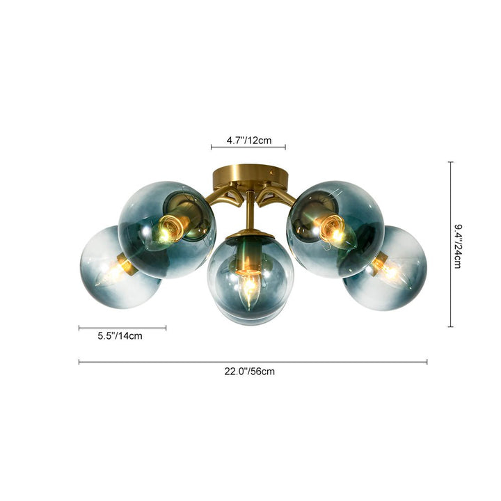Luz de techo con 8 globos de vidrio azul, diseño moderno Sputnik, ideal para cualquier espacio.