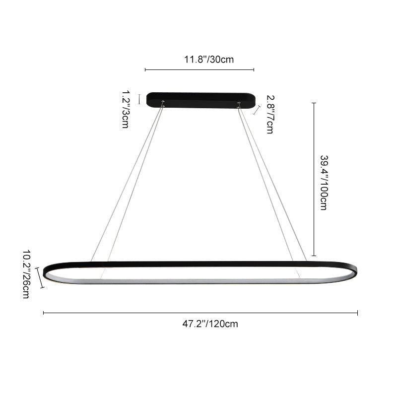 Múltiples lámparas colgantes LED ovaladas en hilera para cocina de estilo moderno.
