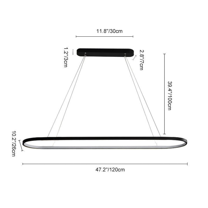 Múltiples lámparas colgantes LED ovaladas en hilera para cocina de estilo moderno.