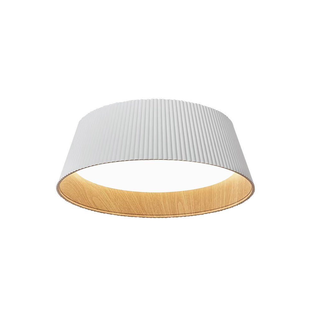 Iluminación LED de techo cónica, empotrada, con detalle de grano de madera, luz blanca.