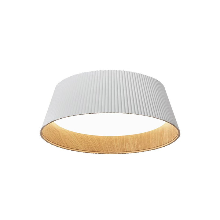 Iluminación LED de techo cónica, empotrada, con detalle de grano de madera, luz blanca.