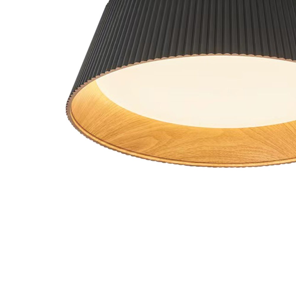 Luz de techo LED cónica con grano de madera, empotrada, para iluminación interior y ambiente cálido.