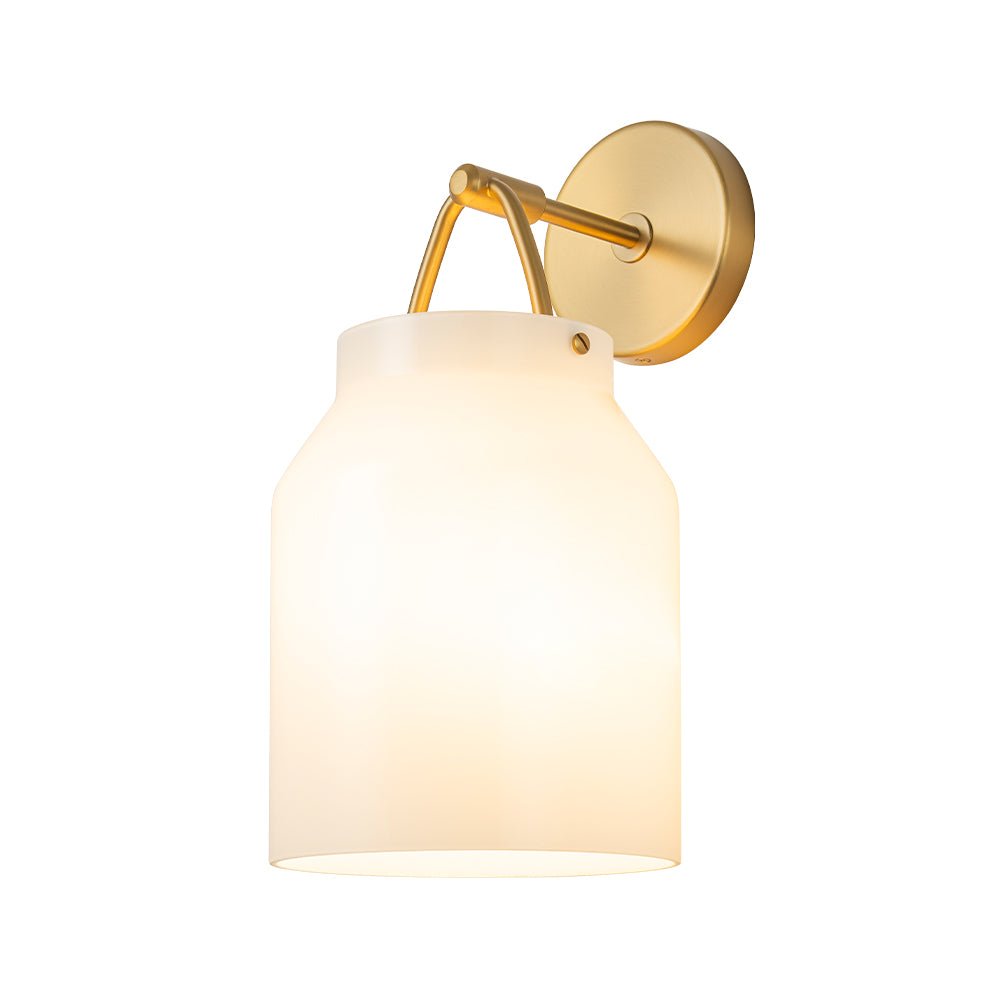 Aplique de pared nórdico cilíndrico de vidrio transparente, luz cálida para el hogar. Estilo escandinavo.