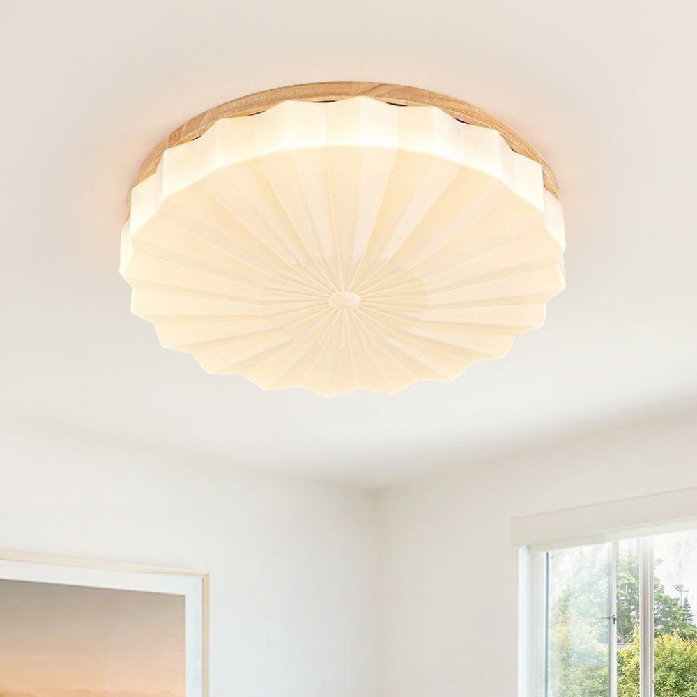 Iluminación LED de techo moderna, diseño plisado floral. Crea ambiente ajustable para dormitorio.