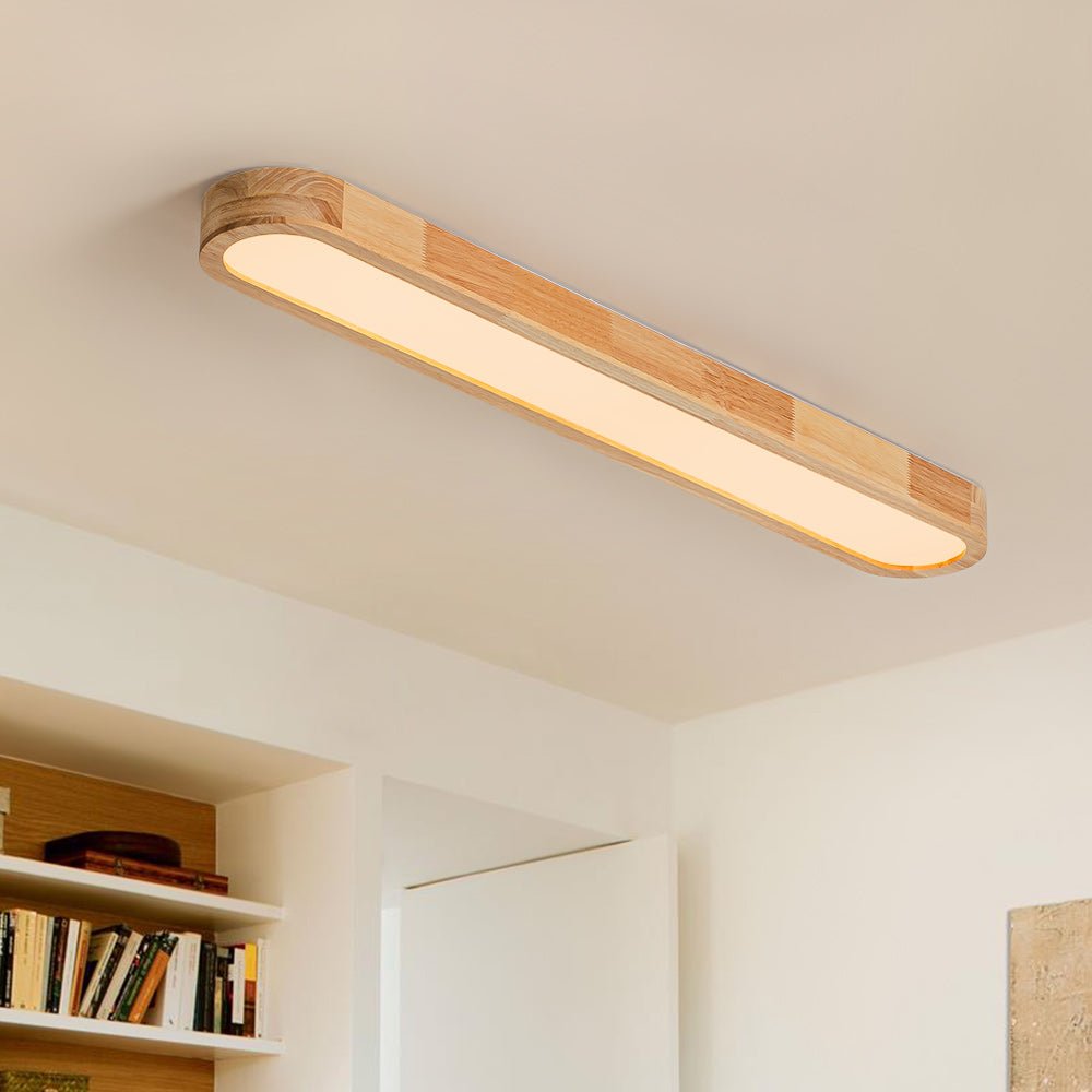 Luz de techo LED ovalada regulable de madera nórdica para interiores modernos.
