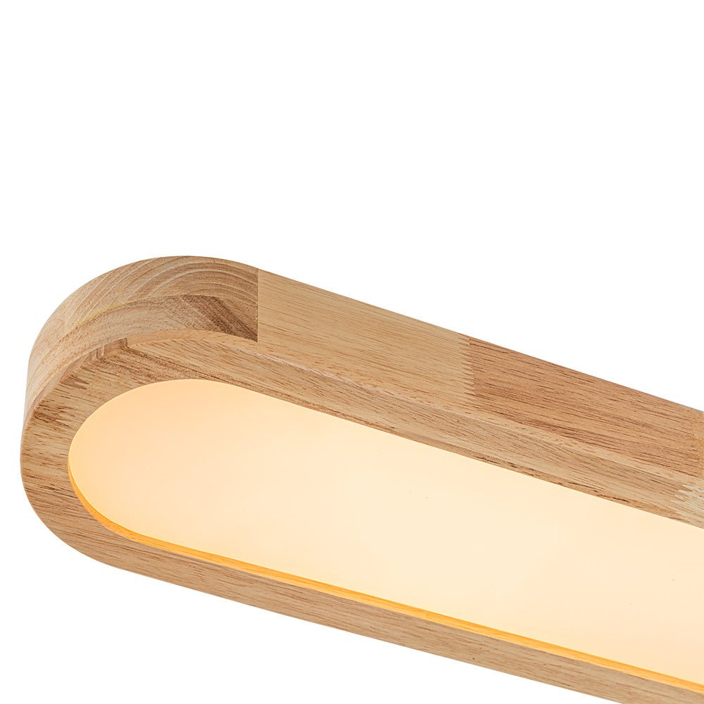 Lámpara de techo LED ovalada, estructura de madera natural, regulable, para interiores modernos.