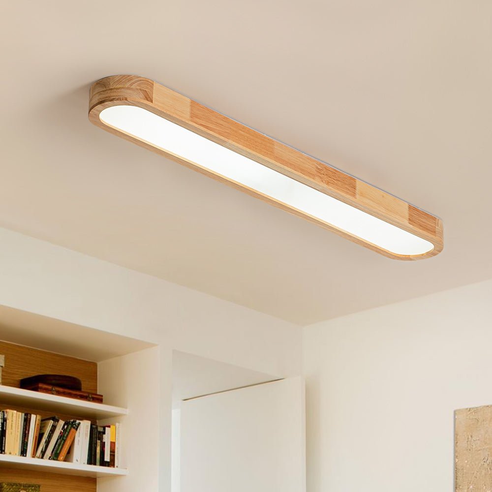 Lámpara de techo ovalada de madera con luz LED regulable, estilo nórdico y moderno.