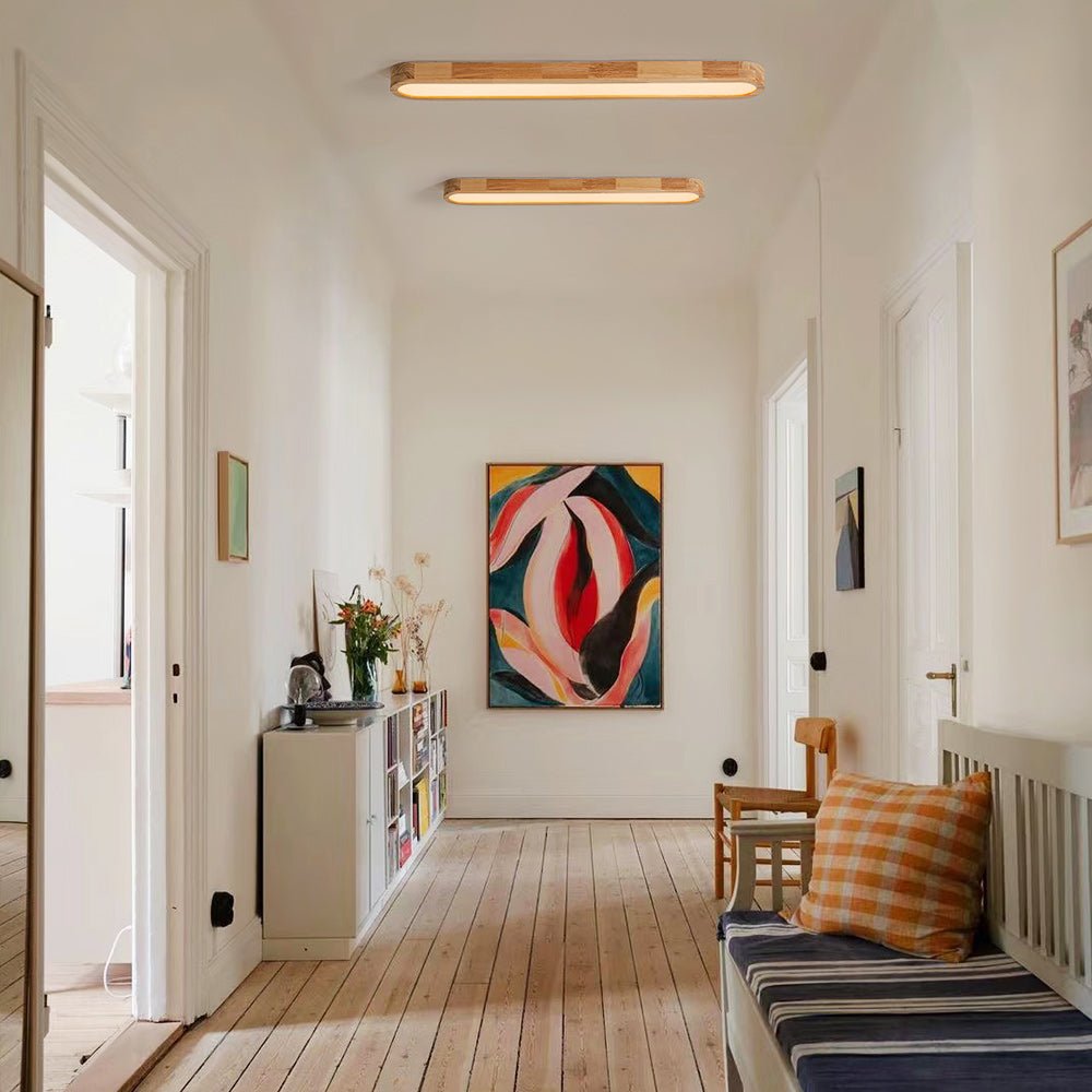 Iluminación interior LED regulable, luz de techo ovalada de madera nórdica para ambientes.