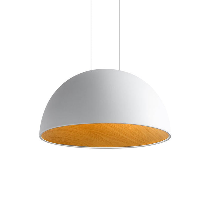 Lámpara colgante LED con acabado de madera blanca, diseño de cúpula nórdica para interiores y techos.