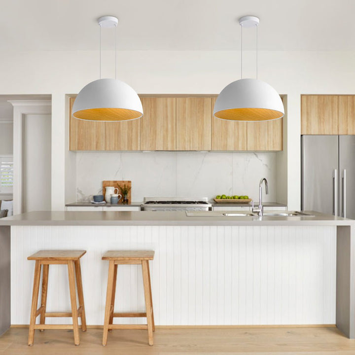 Lámpara colgante LED nórdica estilo cúpula de madera blanca para iluminación interior moderna.