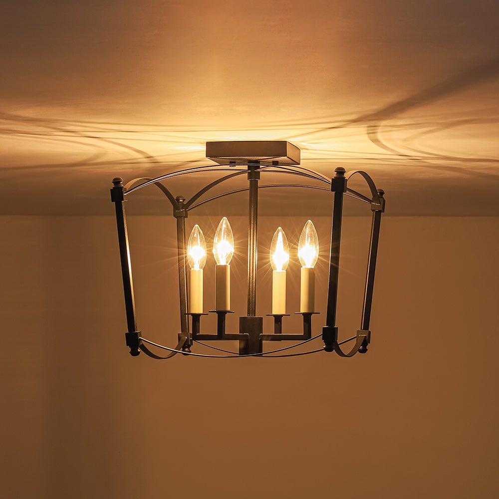 Lámpara de techo vintage con 4 luces, marco abierto geométrico, ideal para pasillos.